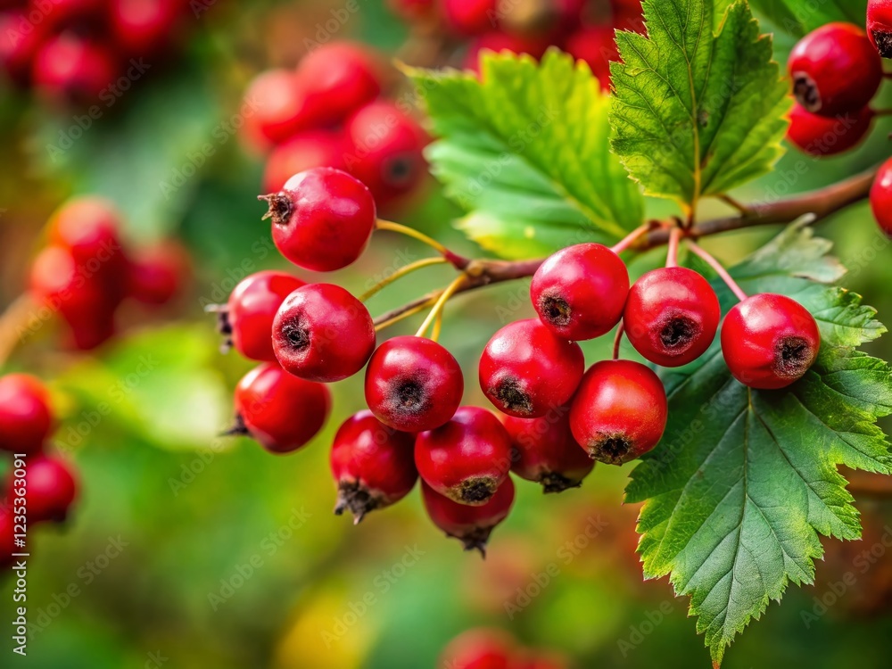 Vibrant Hawthorn Berries Close-Up: Autumnal Red Berries on Green Leaf Vibrant Hawthorn Berries Close-Up: Autumnal Red Berries on Green Leaf