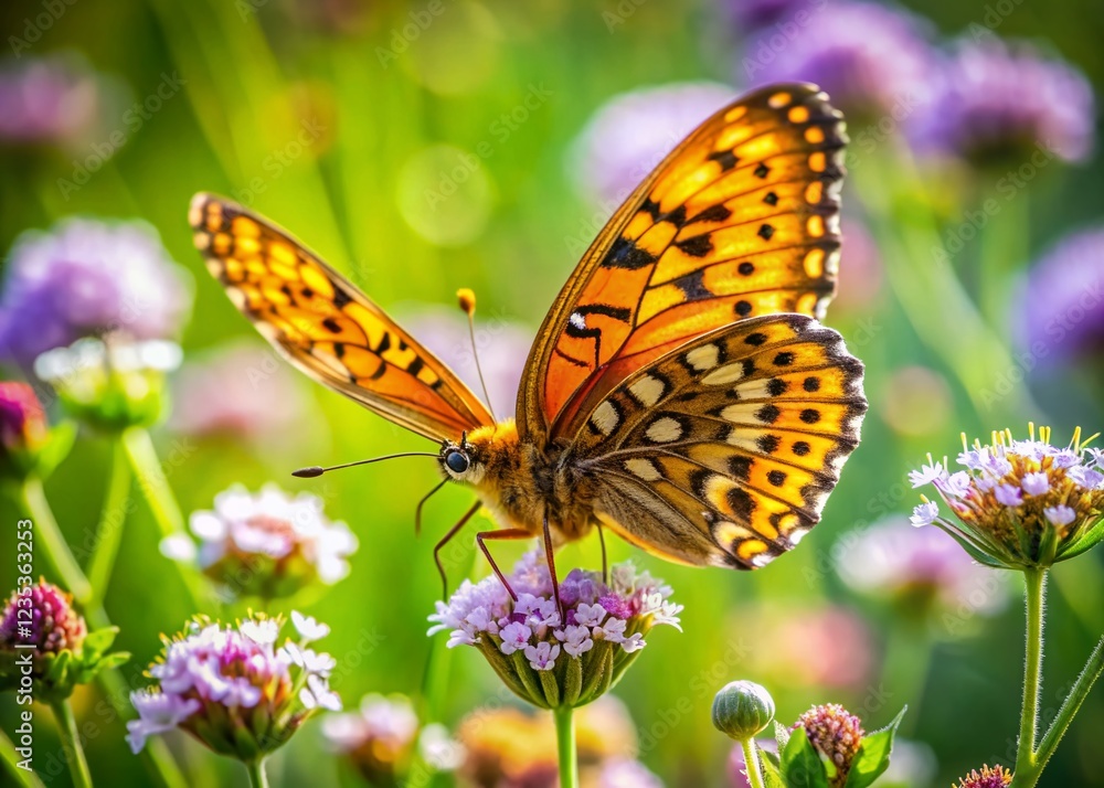 Vibrant Leopard Butterfly Macro on Wildflowers in Sunny Meadow Vibrant Leopard Butterfly Macro on Wildflowers in Sunny Meadow