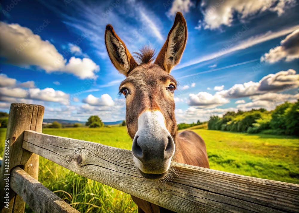 Curious Donkey Peeking Over Fence in Sunny Field Curious Donkey Peeking Over Fence in Sunny Field