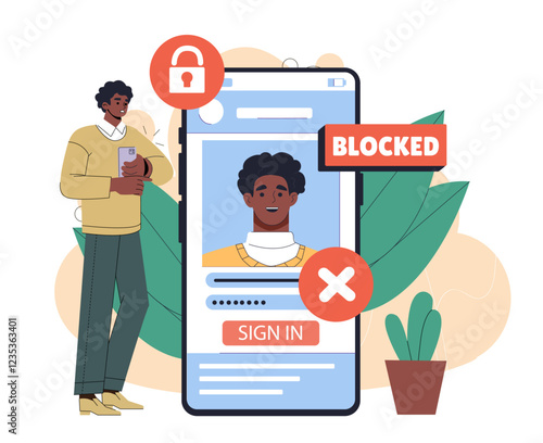 Account blocking concept. Man near smartphone with blocked account on website and social networks. Access denied. Failed sign in, authorization. Flat vector illustration