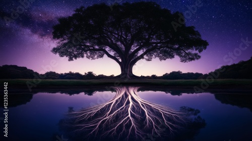 A grand tree stands tall against a starry night backdrop, its deep roots mirrored in the water, representing nature's elegance and tranquility in a captivating scene. photo