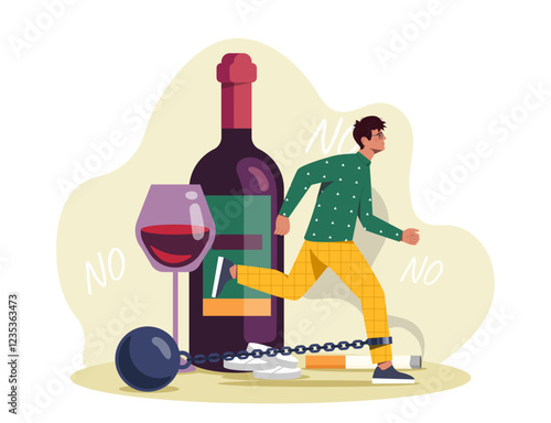 Man with alcohol addiction. Young guy with weight on leg near bottle of wine and cigarette. Fight against bad habits and unhealthy lifestyle. Person suffer from alcoholism. Flat vector illustration
