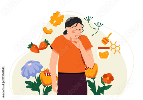 Woman with allergy. Young girl suffer from cough and fever. Allergic reactions to flowers, honey, berries and fruits. Illness and disease, sickness. Flat vector illustration