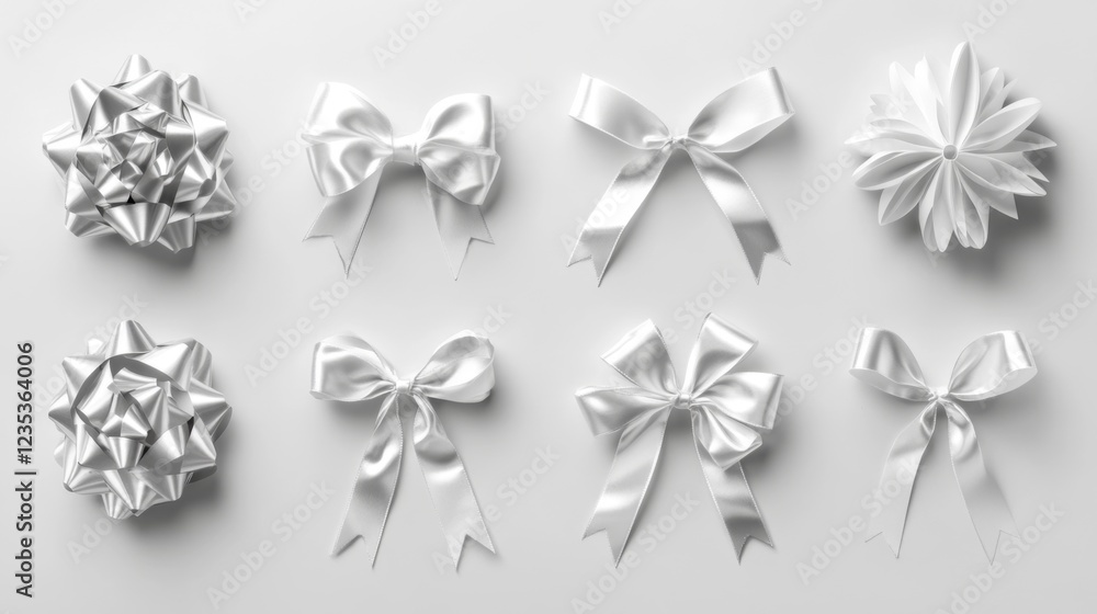An exquisite collection of elegant white bows arranged artfully on a pristine surface, embodying simplicity and sophistication, perfect for festive occasions. An exquisite collection of elegant white bows arranged artfully on a pristine surface, embodying simplicity and sophistication, perfect for festive occasions.