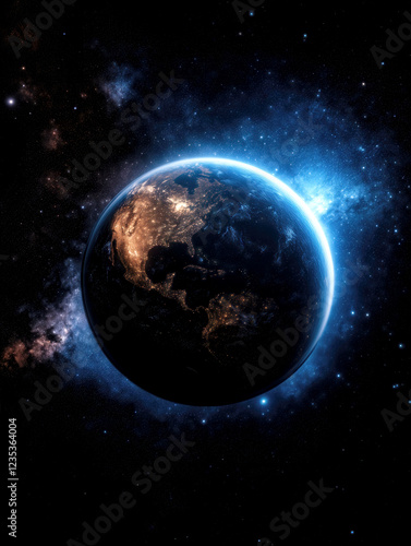 Earth is prominently displayed in space, highlighting the illuminated continents of North America and South America.