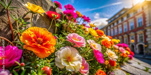 Wallpaper Mural Vibrant Rose Moss Flowers Blooming in Architectural Setting - Portulaca Grandiflora Torontodigital.ca