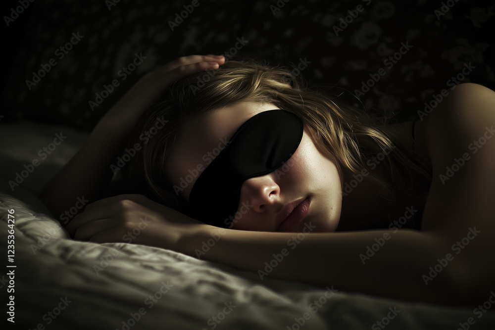 A woman sleeping with a black Eye Sleep Mask on her head, modern bed A woman sleeping with a black Eye Sleep Mask on her head, modern bed