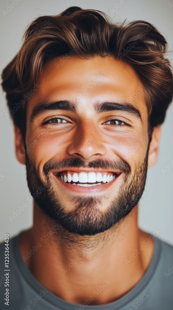 Obraz premium A vibrant portrait of a young man radiating joy with a bright smile, showcasing his charming facial features and stylish hairstyle, reflecting happiness and confidence.