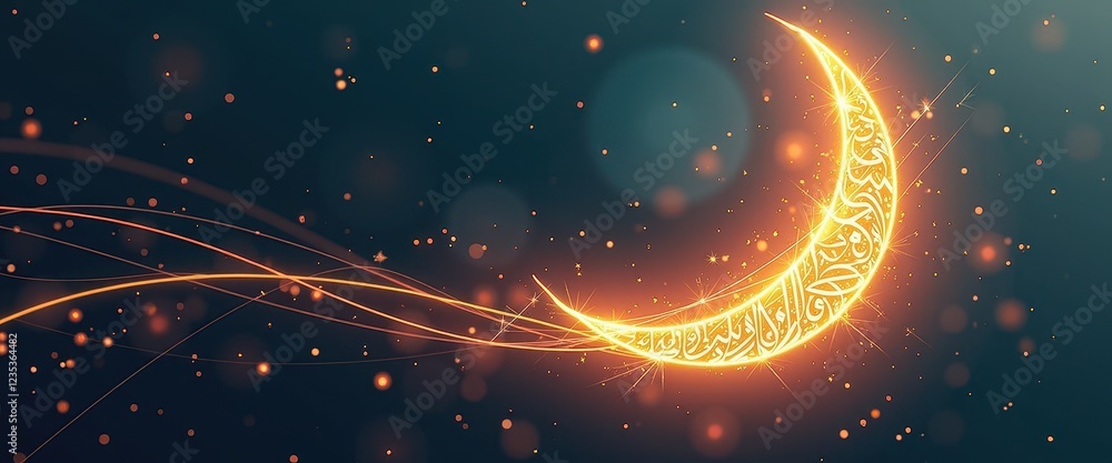 Fototapeta premium Golden Crescent Moon Festivity in Ramadan Illuminated by Calligraphy and Bokeh Effect