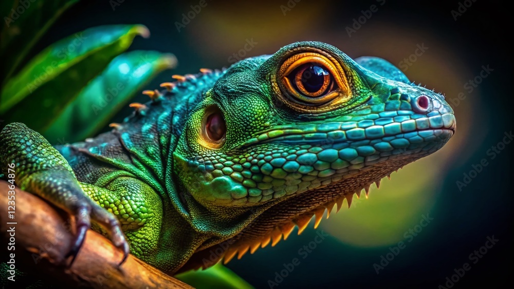 Vibrant Tropical Lizard Close-up on Lush Night Tree Branch Vibrant Tropical Lizard Close-up on Lush Night Tree Branch