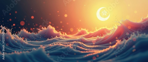 Mesmerizing Sunset Wave Art with Ramadan Moon and Star photo