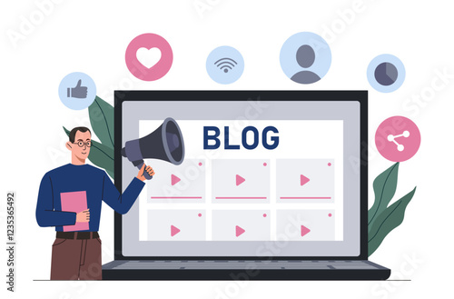 Man with blog. Young guy with loudspeaker near laptop. Promotion in social networks. Advertising and marketing. Influencer and marketer at workplace. Flat vector illustration