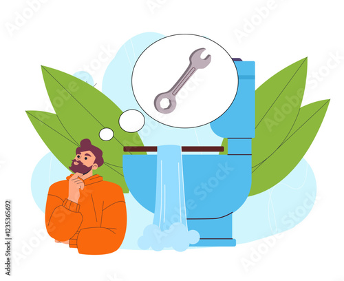 Man with broken toilet. Young guy thinks about wrench near leaking toilet. Repair, renovation and fixing problems at home. Maintenance worker and handyman. Flat vector illustration