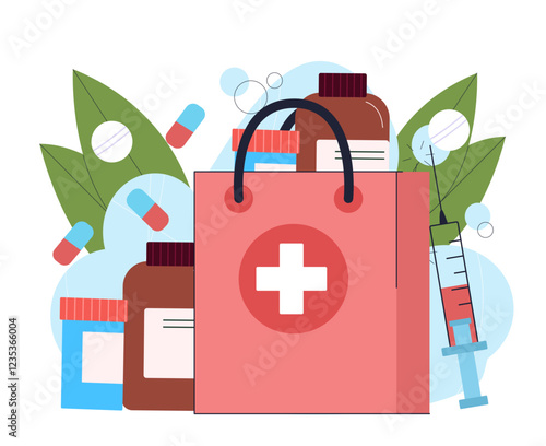 Medicines and syringe. Red large bag near bottles of pills and syringes. Healthcare and medicine. Antibiotic and vaccine. Pharmaceuticals and drugs. Flat vector illustration