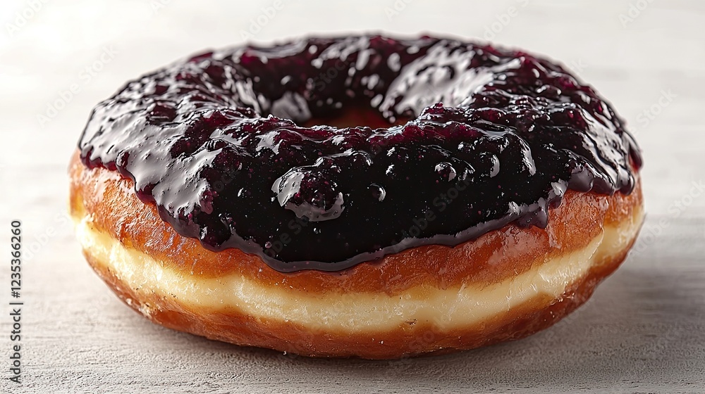 Close-up of a delicious jelly-filled donut on a light wooden surface Close-up of a delicious jelly-filled donut on a light wooden surface
