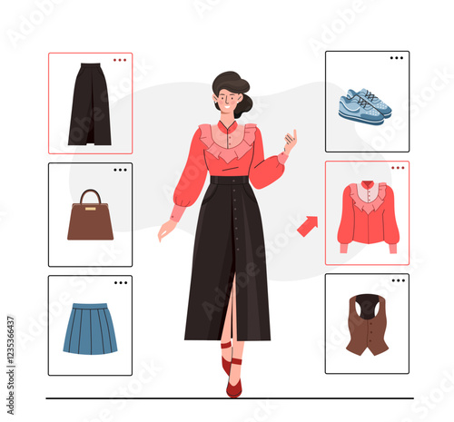 Woman choose clothes. Young girl in red blouse, black skirt with brown bag. Model in stylish clothes walks down catwalk. Fashion, trend and style. Flat vector illustration