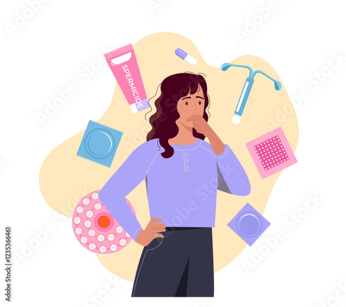 Woman choose contraception. Young girl near spermicide, condoms and pills. Female reproductive system and fertility. Anatomy and gynecology. Pregnancy prevention. Flat vector illustration