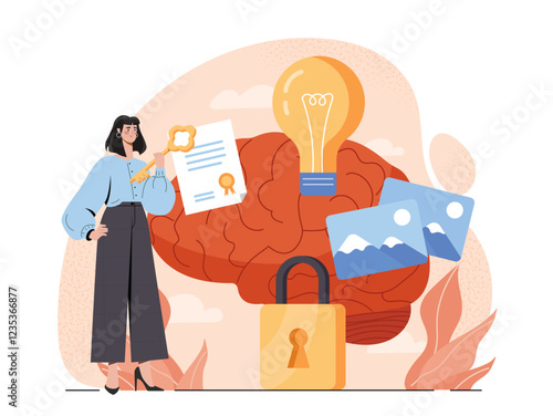 Copyright protection concept. Woman with key near golden padlock and brain. Legal defense for authors of content. Intellectual property. Creativity and art. Flat vector illustration