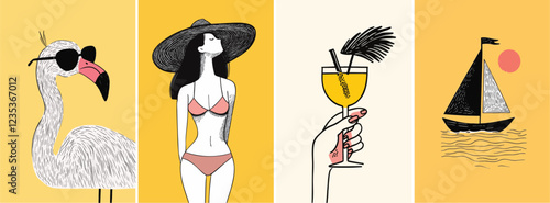 Summer holiday and travel hand drawn style poster illustration set