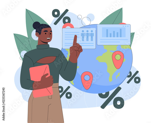Definition of demographics. Demographer woman with charts and diagrams. Scientist conducts demographic study. Analyst conducting marketing research. Flat vector illustration