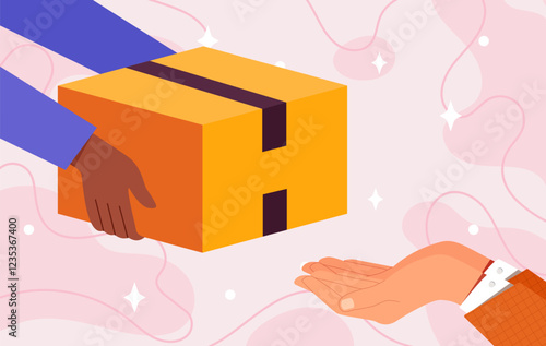 Parcel delivery concept. Courier give parcel to client. Hands with cardboard box. Logistics and shipping, transportation. Carton container with goods. Flat vector illustration