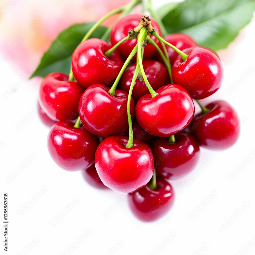 Fresh Cluster of Ripe Red Cherries with Green Leaves on Isolated Background Fresh Cluster of Ripe Red Cherries with Green Leaves on Isolated Background