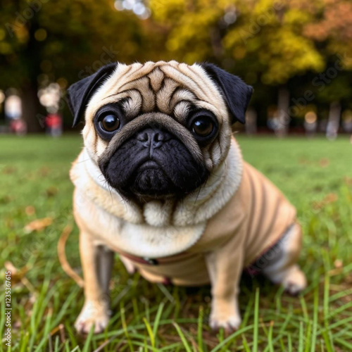 Cute pug dog standing on the green grass in the park