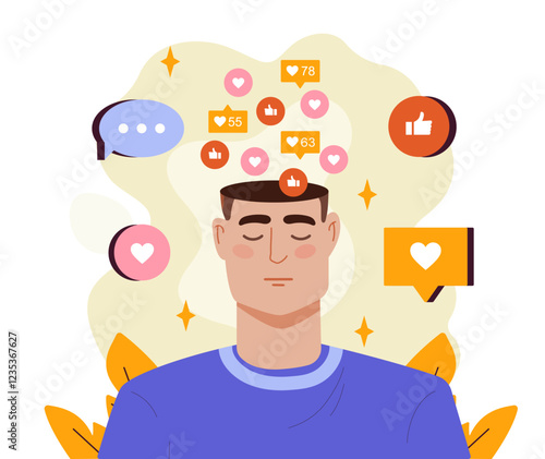 Dependence on social networks. Mans head with likes, reaction and comments. Social media addiction. Mental and psychological problems. Follower and influencer. Flat vector illustration