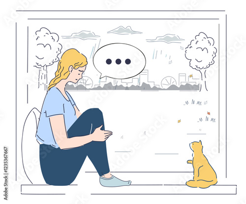 Woman in depression. Sad young girl sits on window with cat. Mental and psychological disorder. Loneliness and frustration. Sadness and sorrow. Linear vector illustration