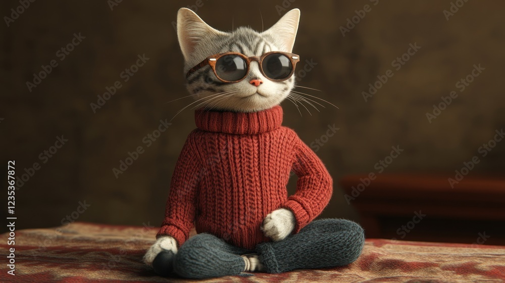 Fototapeta premium Cat in sunglasses and sweater, sitting casually.