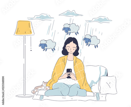 Person with mental disorder. Sleepless woman count lambs. Mental and psychological problems. Emotional burnout. Frustration and depression, insomnia. Linear vector illustration