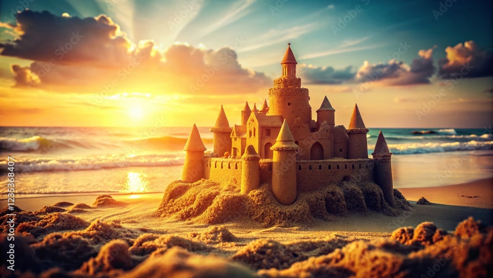 Naklejka premium Vintage Sandcastle Beach Photo: Sun-Kissed Memories