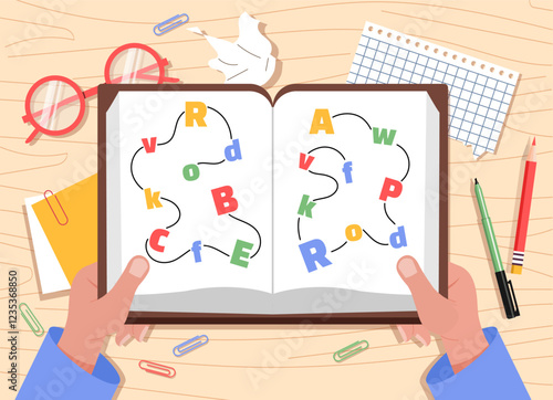 Dyslexia in book. Tangled letters in textbook or fiction. Problem with reading. Mental and psychological problems. Therapy, education and learning. Flat vector illustration