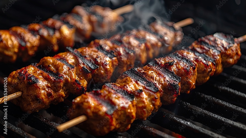 Grilled kebabs sizzling on a barbecue, with smoke rising and a vibrant outdoor setting Grilled kebabs sizzling on a barbecue, with smoke rising and a vibrant outdoor setting