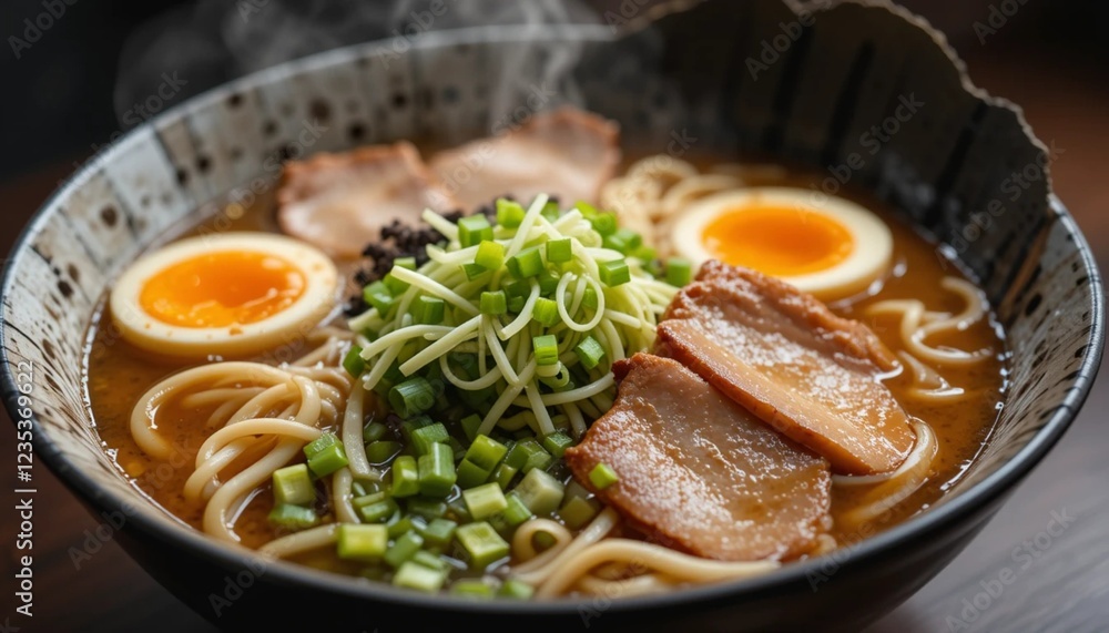 Steaming Bowl of Traditional Ramen with Rich Broth and Toppings Steaming Bowl of Traditional Ramen with Rich Broth and Toppings