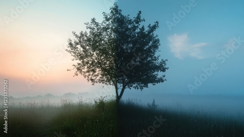 Wallpaper Mural A Tree Standing Between Two Skies at Sunrise and Twilight Torontodigital.ca