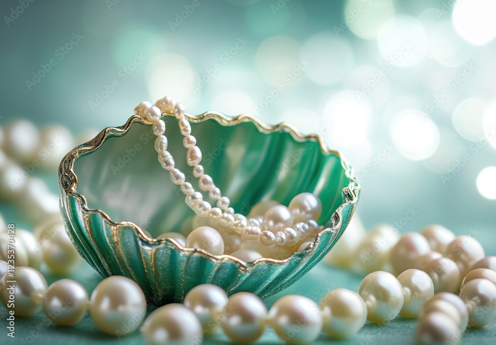 Elegant Pearl Necklace in a Teal Seashell Dish Elegant Pearl Necklace in a Teal Seashell Dish