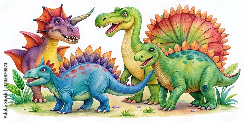 Fototapeta premium Watercolor Dinosaur Illustrations for Kids