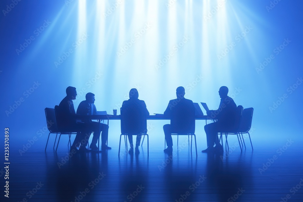 Business Meeting in Dim Light with Silhouetted Professionals at a Round Table Business Meeting in Dim Light with Silhouetted Professionals at a Round Table
