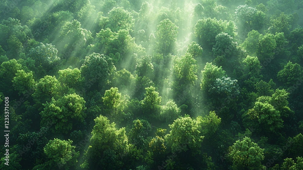 Naklejka premium Aerial View of Sunlit Lush Forest Canopy