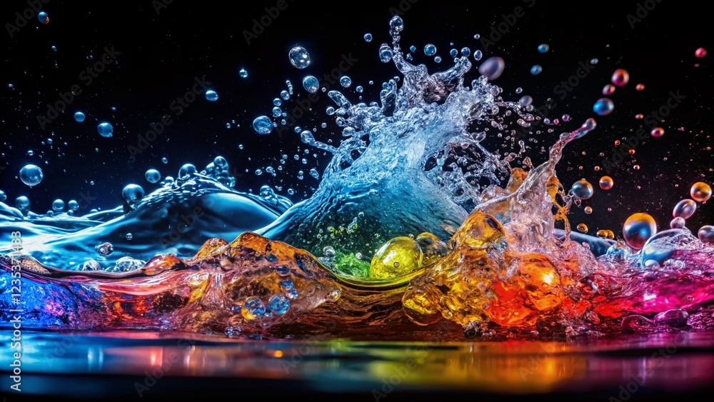 Water Splash and Bubbles on Black Background Water Splash and Bubbles on Black Background