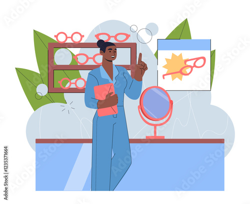 Woman in glasses shop. Young girl in medical uniform with glasses. Ophthalmologist and optician. Equipment for vision correction. Healthcare and medicine. Flat vector illustration