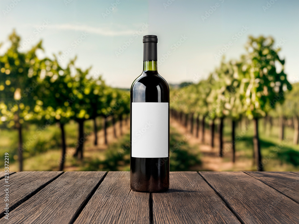 Fototapeta premium Wine Bottle in Vineyard Landscape Mockup