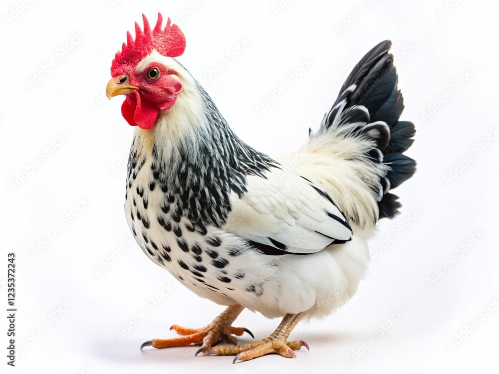 Fototapeta premium White and Black Chicken with Red Beak on White Background