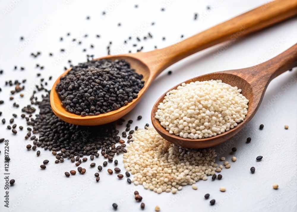 White and Black Sesame Seeds in Wooden Spoons with Copy Space White and Black Sesame Seeds in Wooden Spoons with Copy Space