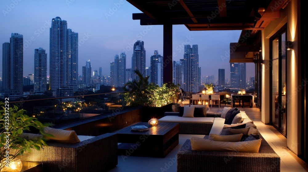 Obraz premium Luxury Rooftop Terrace with City Skyline at Dusk