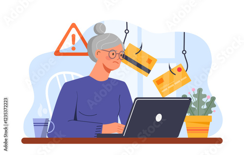 Old woman suffer from hacker attack. Elderly woman with laptop near banking cards on hooks. Cybercrimes and personal data theft on Internet. Flat vector illustration