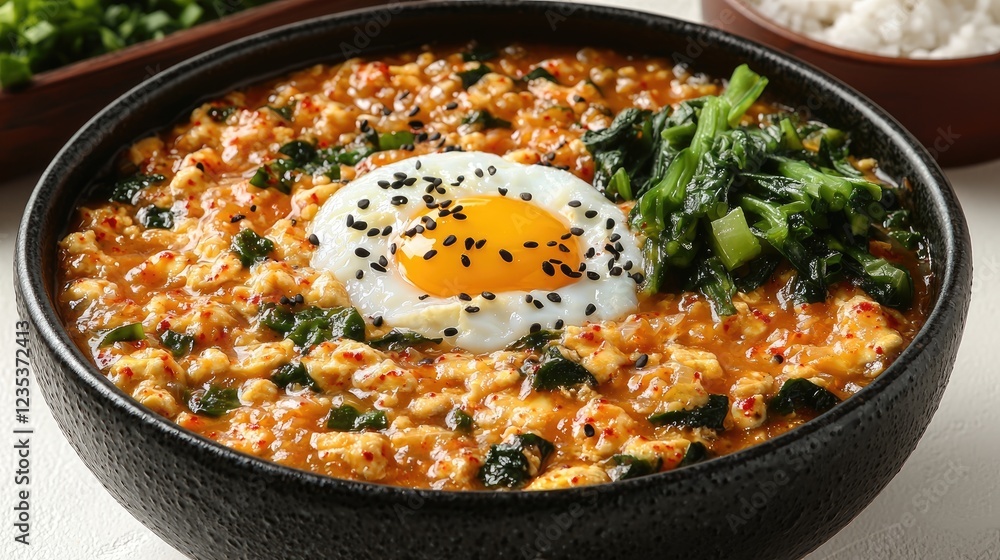 Delicious bowl of spicy scrambled egg dish with spinach and rice, garnished beautifully Delicious bowl of spicy scrambled egg dish with spinach and rice, garnished beautifully