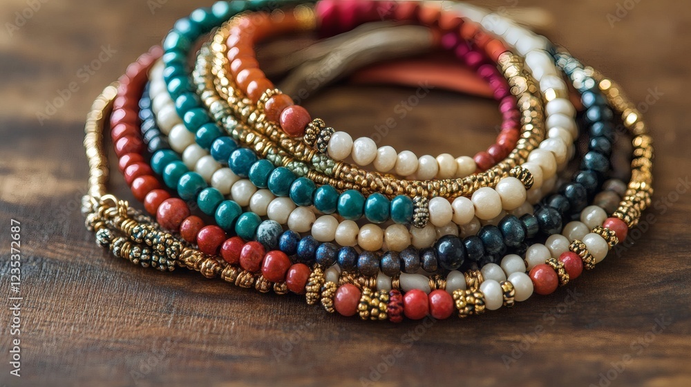 Stack of Colorful Beaded Bracelets on Wooden Surface Stack of Colorful Beaded Bracelets on Wooden Surface