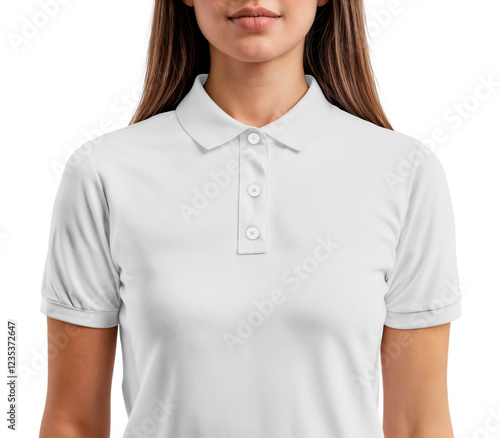 Young woman wearing a plain white polo shirt